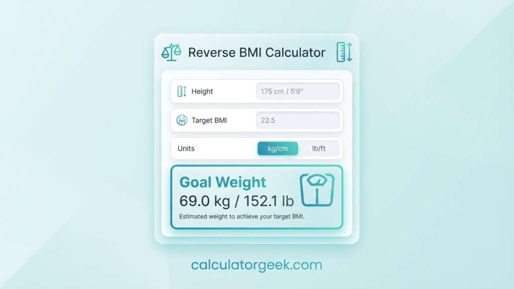 Reverse BMI calculator showing target BMI and goal weight result on calculatorgeek.com