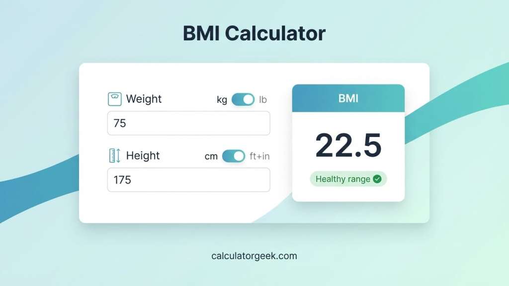 BMI calculator showing weight, height, and body mass index result on calculatorgeek.com