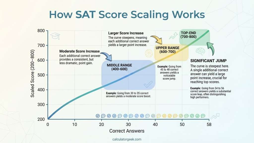Non-linear SAT score scaling curve showing relationship between correct answers and scaled scores