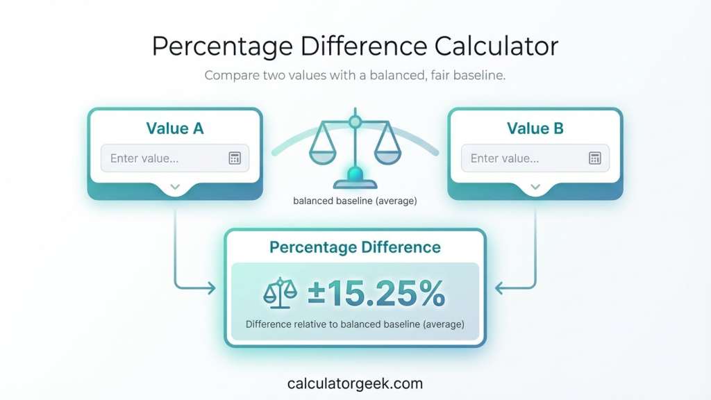 Percentage Difference Calculator comparing Value A and Value B with percentage difference result on calculatorgeek.com