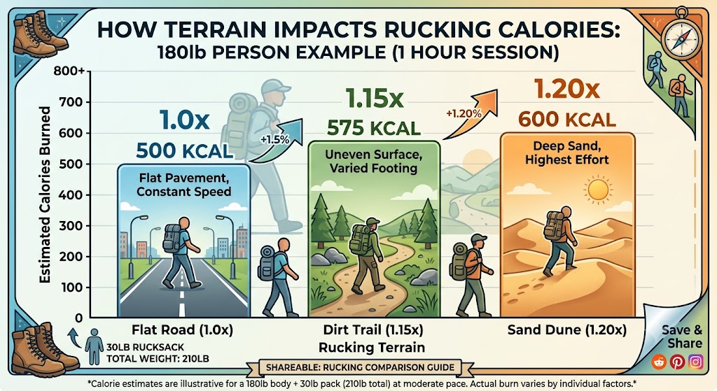 Bar chart comparing estimated calories burned in one hour for a 180-pound person: walking burns 280 to 320 calories, rucking with a 35-pound pack burns 390 to 450 calories, and running burns 600 to 700 calories.