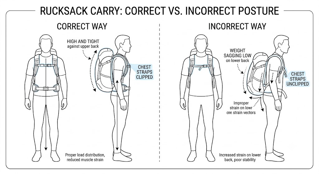 Diagram demonstrating proper rucking posture with the backpack secured high and tight on the upper back with chest straps clipped, compared to incorrect posture with the weight sagging on the lower back.