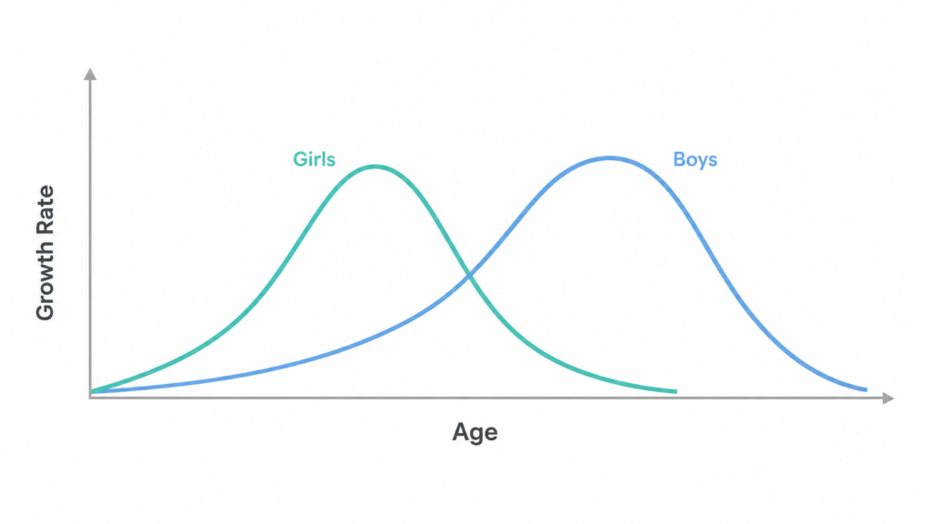 Line graph showing peak height velocity during puberty, with girls typically peaking around age 11 to 12, and boys peaking later around age 13 to 14.
