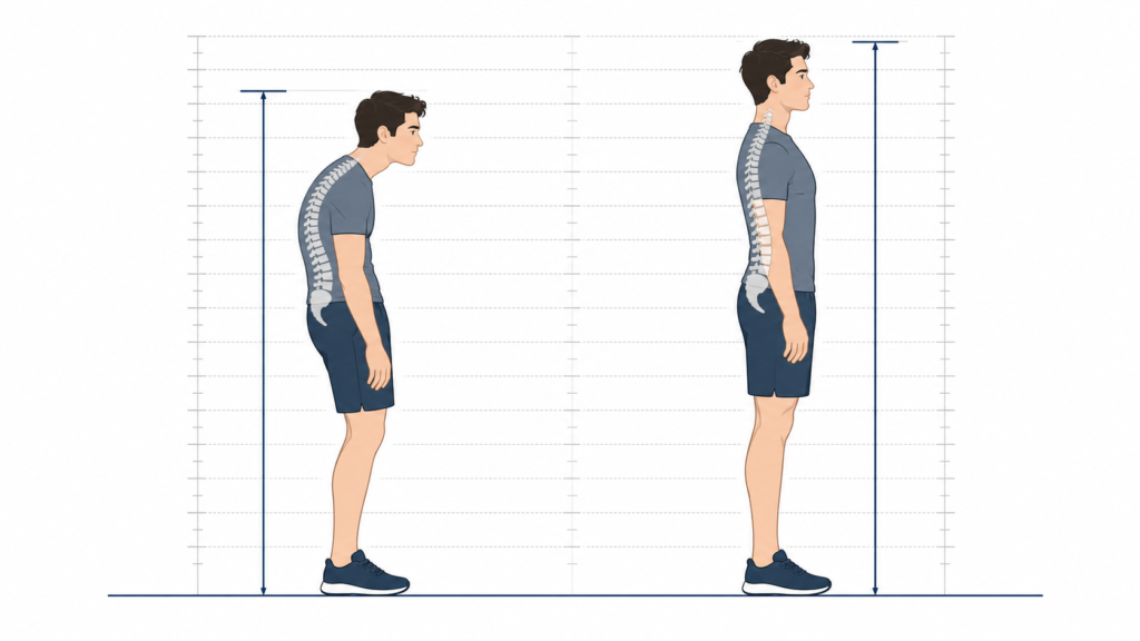 Diagram showing a slouched adult measuring an inch shorter than their true height, compared to the same adult standing with a neutral spine, open chest, and correct neck alignment.