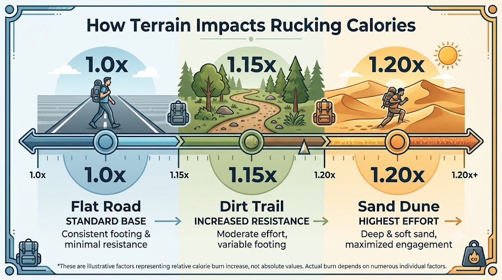Infographic showing how different terrains affect rucking calorie burn, with pavement at a 1.0 multiplier, gravel at 1.10, trails at 1.15, and sand requiring the most effort at 1.20.