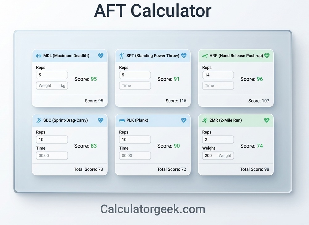 AFT Calculator showing Army Fitness Test events and score breakdown on Calculatorgeek.com