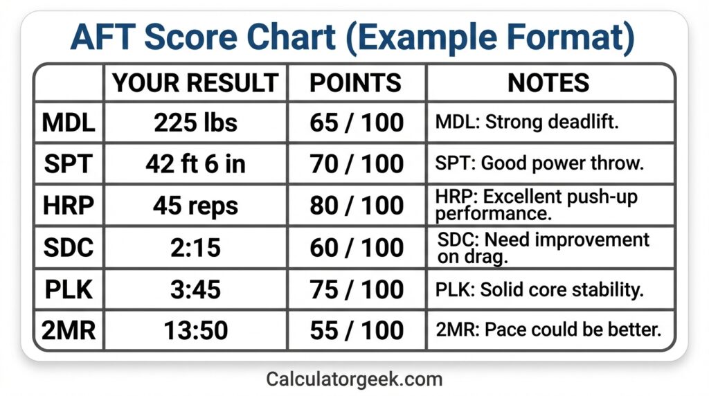 AFT score chart showing how each Army AFT event converts performance into points and total score