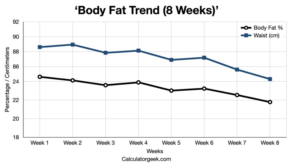Line chart showing body fat percentage and waist circumference trends over 8 weeks using a body fat calculator routine