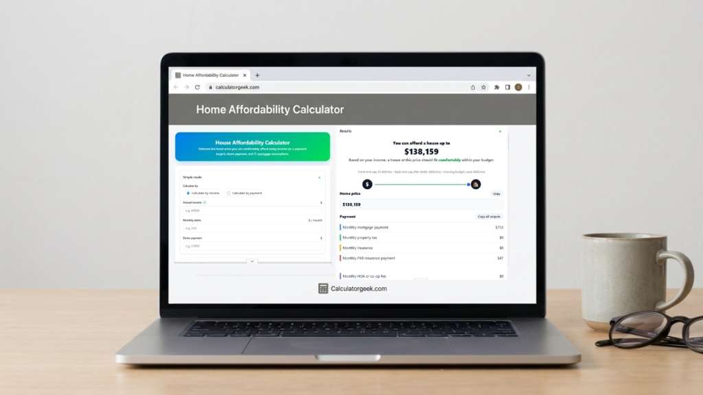 Screenshot-style visual of a house affordability calculator showing income, debts, and monthly payment results on Calculatorgeek.com