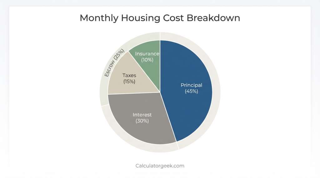 Chart showing breakdown of monthly mortgage payment including principal, interest, property taxes, and insurance on Calculatorgeek.com