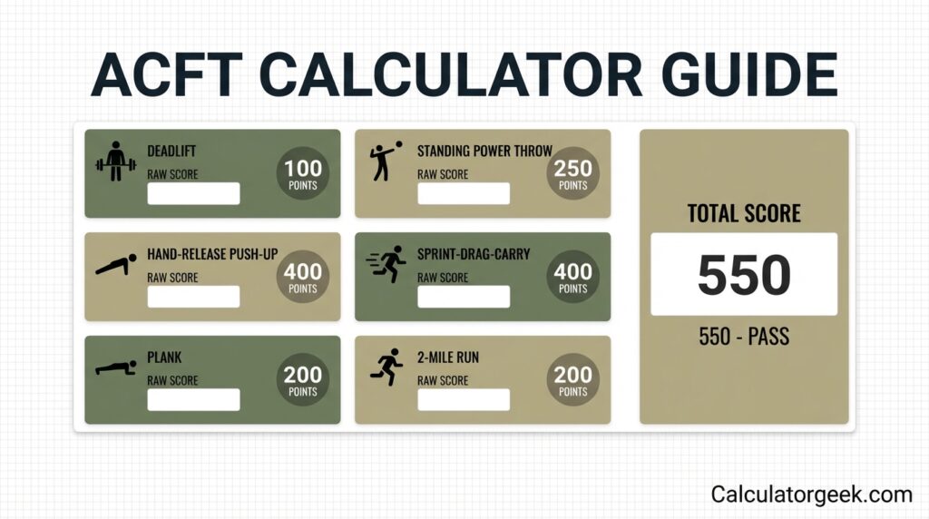 ACFT Calculator interface preview showing event inputs and total score on Calculatorgeek