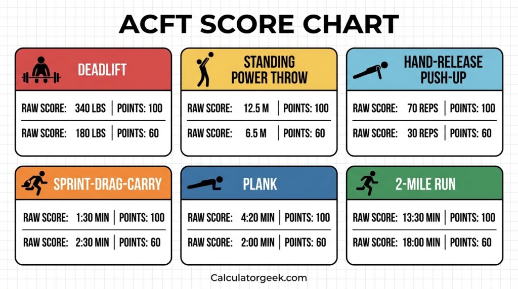 ACFT score chart showing how event performance converts to points across six ACFT events